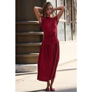 NEW Free People Sorella Drop-Waist Midi Dress Size Large Barbados Cherry Red